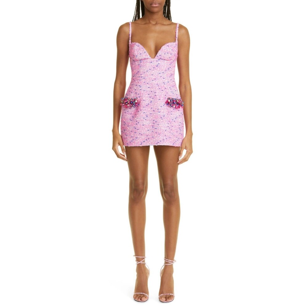 $1695 Area Women's Crystal Grape Trim Wool Tweed Mini Dress Fuchsia Multi Size 6